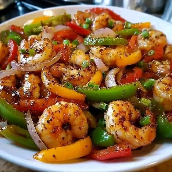 Креветки жареные с овощами